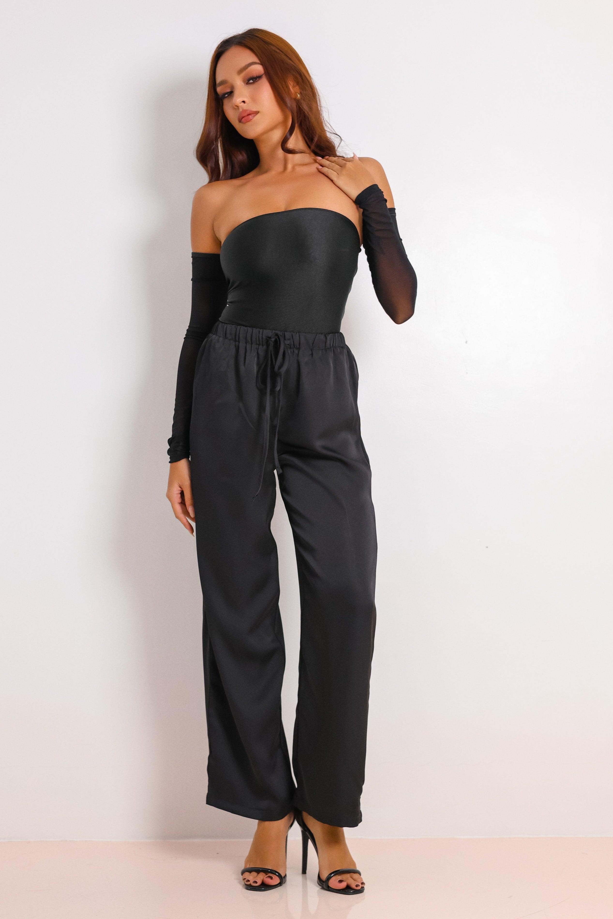 Hallie Signature Satin Pants Set - Black-Fascinating_Nights