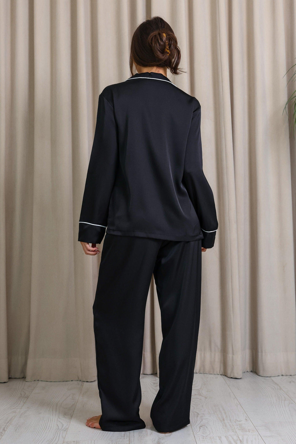 Nyla Satin Long Pajama Set - Black