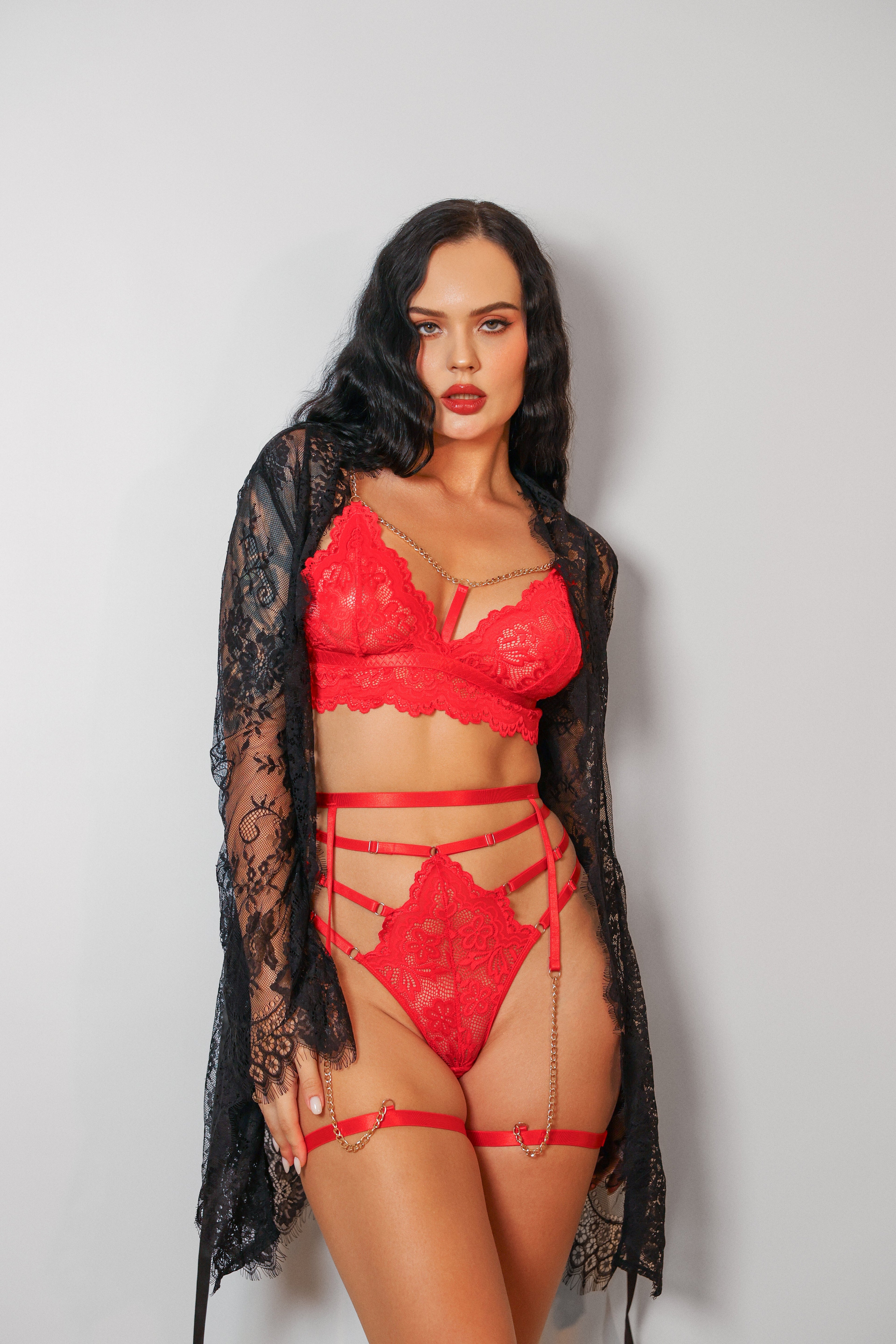 Zarnish Signature Lace Robe Set - Red