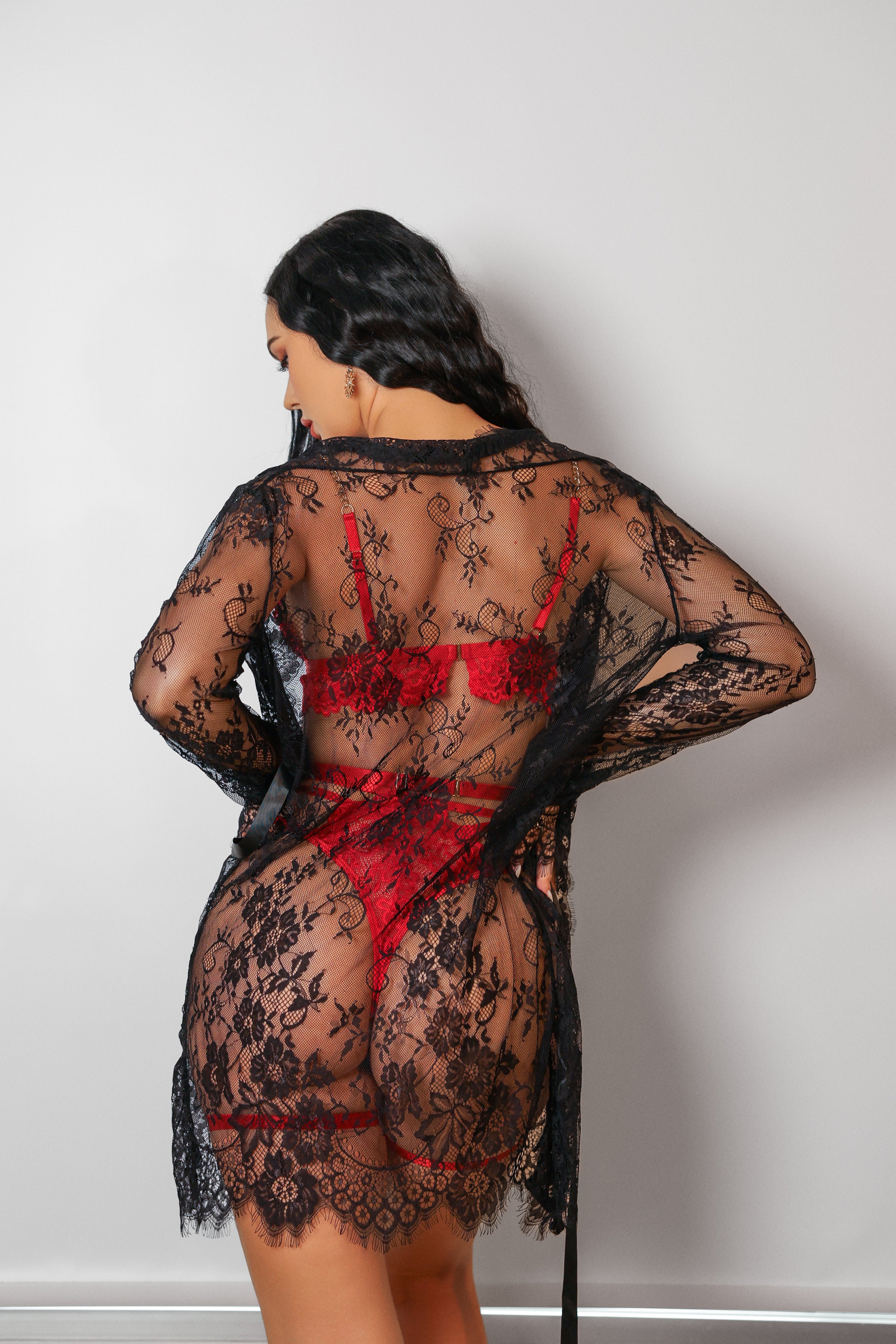 Zarnish Signature Lace Robe Set - Red