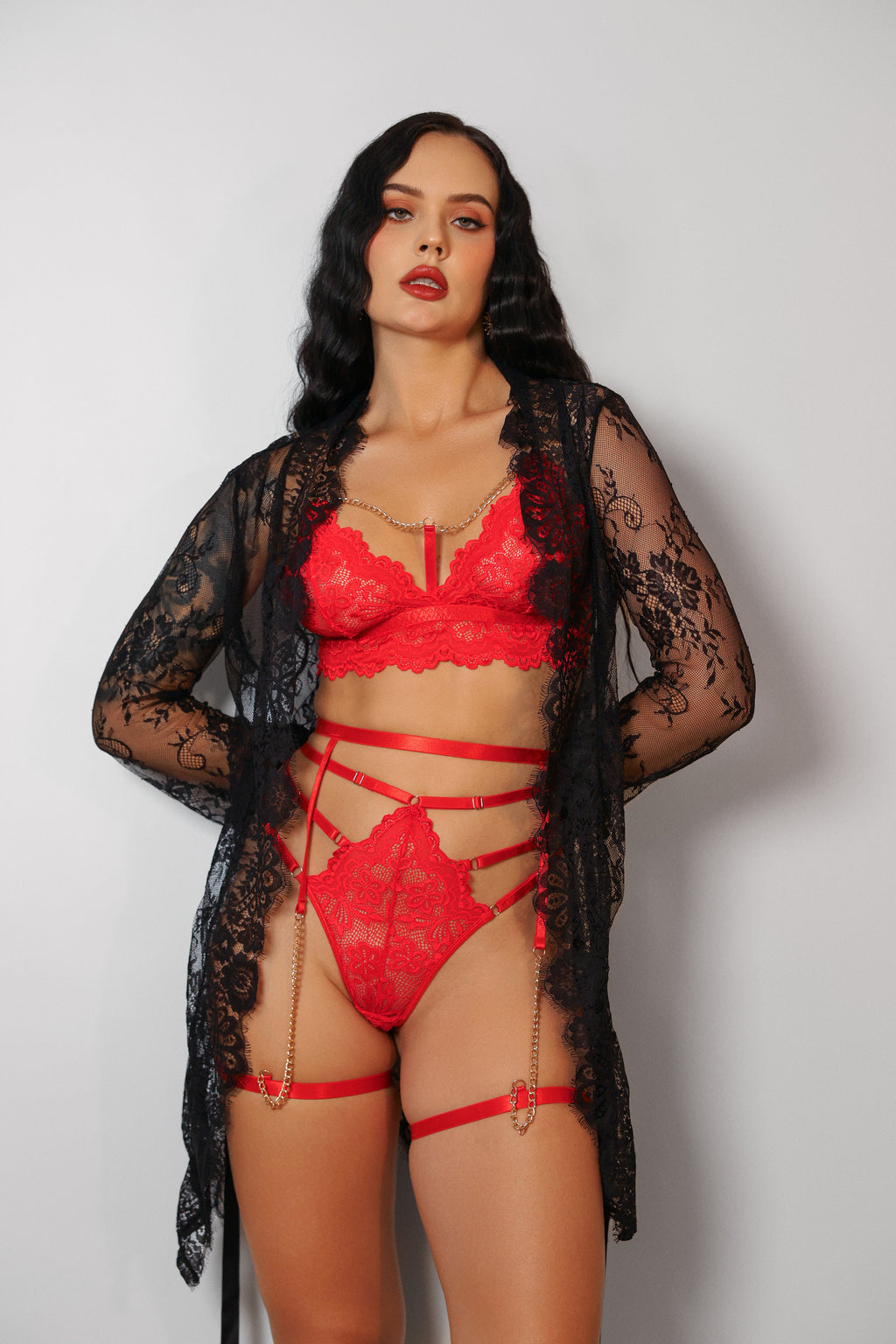 Zarnish Signature Lace Robe Set - Red