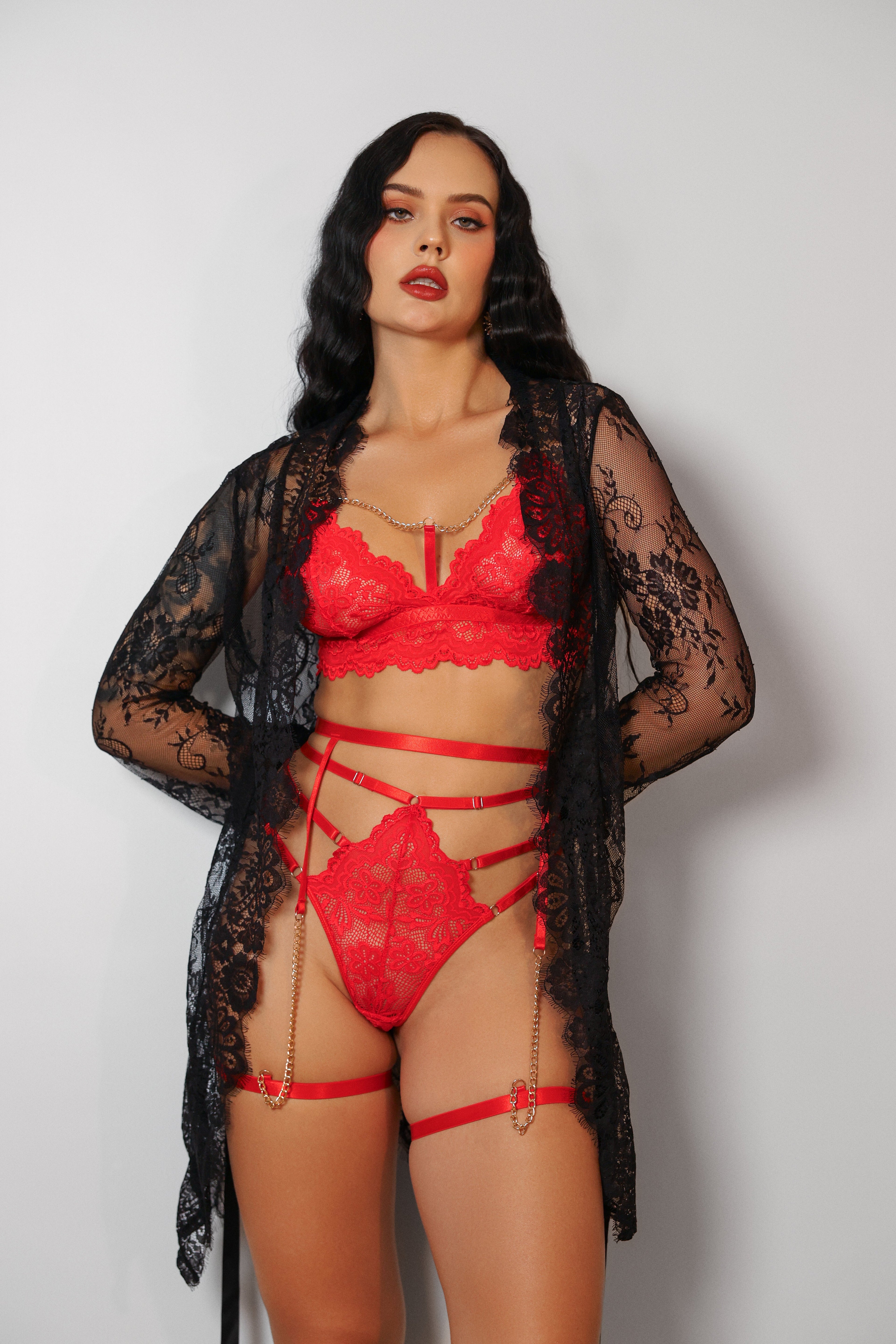 Zarnish Signature Lace Robe Set - Red